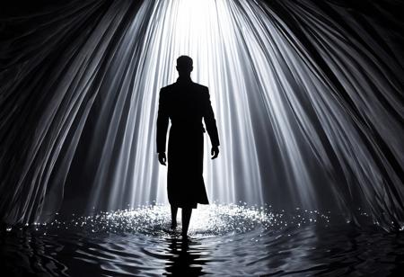 Silhouetted human figure inspired by Thomas Edison in the style of Merrit Malloy, surreal and serene atmosphere with flowing water, detailed silhouette in high resolution, artistic and dreamlike with flowing fabric and misty aura, tranquil and ethereal lighting, black and white with detailed reflection.,
[(inspired by Valentin Rekunenko, Dora Maar:1.30) ::0.40], (3D Shadow Silhouettes Inspired by Valentin Rekunenko and Dora Maar), [surreal artistry: abstract realism: 0.70], [intriguing poses: shadow play: 0.60], combining the influences of Valentin Rekunenko and Dora Maar in a 3D shadow silhouette concept