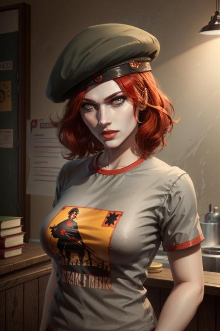 <lora:damsel-10:0.6>, damselVTMB_soul3142, red hair, short hair, lipstick, grey eyes,  beret, pale skin, cowboy shot, <lora:add_detail:0.5>