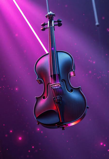 Masterpiece, High resolution, 32K, ultra-detailed, cinematic cyberpunk lighting A futuristic violin constructed from silver metalic alloys and pulsing quantum circuits, suspended in an antigravity field, playing itself with neon laser strings, surrounded by vaporwave particle effects, digital rebellion energy