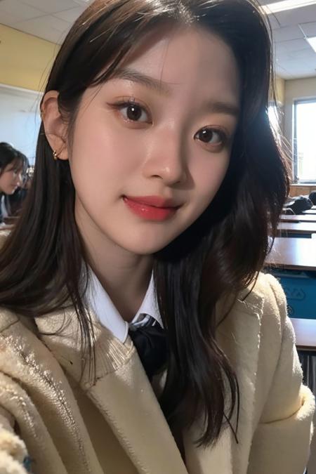 a photo of m_kayoung, 18 year old girl in the classroom, close up, <lora:m_kayoung-15:0.9>, (intricate details:0.8), (hdr, hyperdetailed:1.2), school uniform