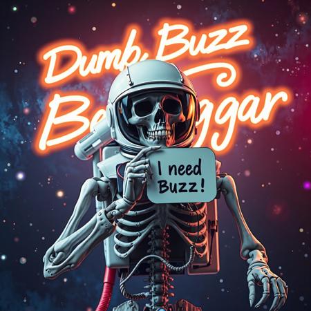 masterpiece, intricate photo realistic photo, realistic outer space skull astronaut in astronaut suite with helmet and transparent visor holding in the skeleton hand a small white sign on which is written "I need Buzz!", background outer space, stars, galaxies, nebulae, in the sky is written in neon letters "Dumb Buzz Beggar", as realistic as possible, hyper realistic, highly detailed, sharp focus, dusk and dawn of technology, dark art, gothic art, cyberpunk style, best quality, high resolution, colorful, vibrant colors, studio lighting, high quality image, no wrong proportions, 8K