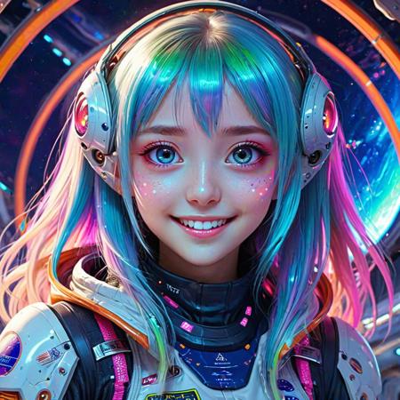 anime waifu, extraterrestrial, iridescent skin, six glowing eyes, friendly smile, long hair with colorful highlights, detailed clothing with alien patterns, space station background, vibrant colors, big eyes, cute