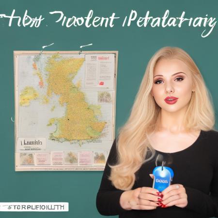 photorealistic high quality high resolution 8k  portrait of (((lucybella))), <lora:LucyBella:1>, an elegant teacher in a bikini, with long very light blonde hair, standing in a classroom in front of a map of Great Britain