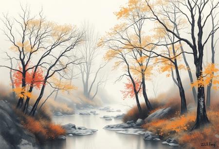 Detailed watercolor painting of misty landscape in autumn trees at a stream by Z. L. Feng