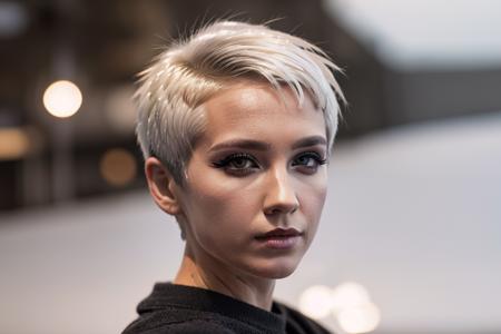 A movie capture, extreme close-up of a platinum-white hair woman, 1girl, dynamic pose, 35mm, classic anamorphic feel: barrel distortion, gradual linear focus fall off, oval bokeh, gorgeous amber lens flares, atmospheric cinematography, (grey eyes:1.2), casual attire, 
(Razor Pixie Short haircut:1.4), extreme short hair, (platinum-white hair:1.4), highly detailed hair, smokey eye shadow, highly detailed skin, highly detailed eyes, alluring eyes, smokey makeup, (eyeshadow, eyeliner:1.1), evenly shaped symmetrical pupils, 
beautiful, dramatic lighting, shallow depth of field, ultra-realistic, beautiful lighting,