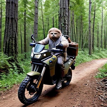 A full body photo of an Ewok on Endor, it's carrying an Uzi and riding an ATV, 
It looks cute and adorable yet fierce at the same time, The Ewok equivalent of Rambo, funny, 
highest quality, exceptional accuracy and realism,