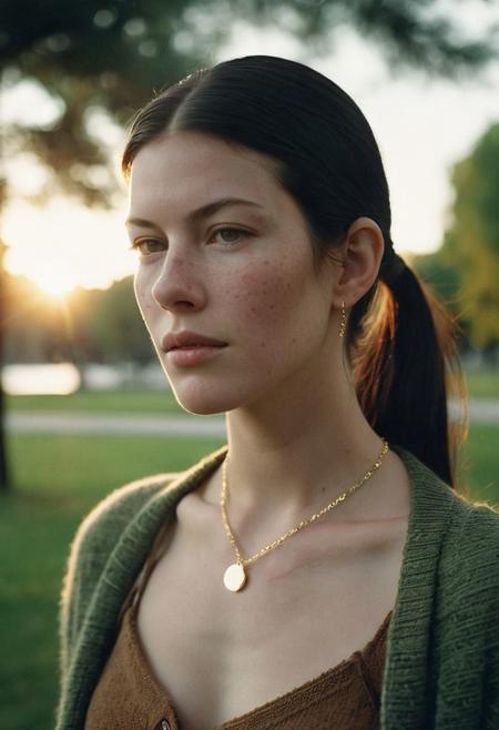Grainy lowfi desaturated film photograph taken in a city park at dusk. Heavy Bokeh effect with focus on her green eyes, blurry background. A pretty young woman of northern Italian heritage wraps her brown cardigan around her bare shoulders. Goosebumps on a bare exposed shoulder. She wears the cardigan over a little summer sun dress and is chilly as the cool wind blows loose stands off her long black hair in her eyes. Tight ponytail. Fine Delicate thin gold chain necklace. She resembles Liv Tyler. The setting sun casts soft light into her eyes. Full soft cheeks and softer jawline, soft face with the lightest freckles.