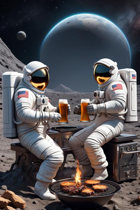 Two astronauts cook a barbecue and drink beer sitting on the moon. Earth on the background,craters,black space,fantasy,intricate,beautiful,ultra detailed,in the style of Dan Mumford,Alejandro Burdisio and Marc Simonetti,astrophotography.,Miki Asai Macro photography,close-up,hyper detailed,trending on artstation,sharp focus,studio photo,intricate details,highly detailed,by greg rutkowski,