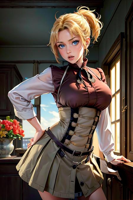 (masterpiece:1.4),(best quality:1.4),(absurdres:1.4),pin-up,Zenith_aiwaifu,blonde hair,ponytail,blue eyes,short hair,large breasts,bangs,parted bangs,skirt,ribbon,shirt,long sleeves,neck ribbon,fur trim,black ribbon,corset,red shirt,suspenders,collared shirt,dress,long skirt,pleated skirt,suspender skirt,(absurdres, highres, incredibly_absurdres:1.4),scenery,masterpiece,