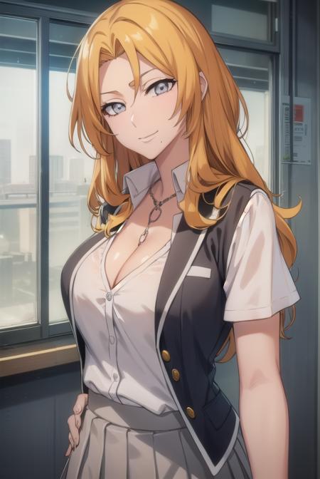 rangikumatsumoto, <lora:rangikumatsumoto-lora-nochekaiser:1>,
rangiku matsumoto, long hair, (grey eyes:1.5), orange hair, mole, mole under mouth, parted bangs, <lora:sensualface_type2:1>, smile,
BREAK skirt, shirt, cleavage, jewelry, school uniform, pleated skirt, necklace, chain, collar, short sleeves, grey skirt, white shirt,
BREAK indoors, classroom,
BREAK looking at viewer, (cowboy shot:1.5),
BREAK <lyco:GoodHands-beta2:1>, (masterpiece:1.2), best quality, high resolution, unity 8k wallpaper, (illustration:0.8), (beautiful detailed eyes:1.6), extremely detailed face, perfect lighting, extremely detailed CG, (perfect hands, perfect anatomy),