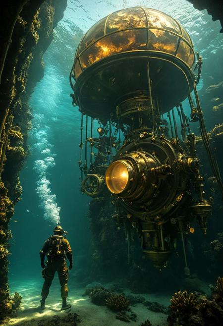 Underwater steampunk city, 8K, photorealistic, ((masterpiece, hyper-detailed)), crystalline waters, brass and copper structures, highres, ultra-sharp focus, A vast submerged metropolis of Victorian-era buildings and clockwork mechanisms. Giant glass domes protect intricate gardens while schools of mechanical fish swim between ornate spires. Steam billows from underwater vents, creating a mysterious haze. In the foreground, a diver in an antique diving suit operates a complex brass control panel, illuminated by the warm glow of bioluminescent sea creatures.
