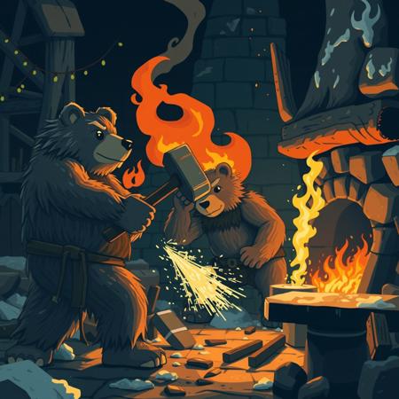 In Bear City, the forge burns bright,
A blacksmith's hammer in the night.
Steel meets stone with every strike,
Forging weapons, fire and light.
Paws calloused, muscles strong,
Each swing a rhythm, fierce and long.
Sparks fly in the winter air,
As the city hums a tale of care.
Anvil’s echo, a song of might,
In Bear City’s heart, the flames ignite.