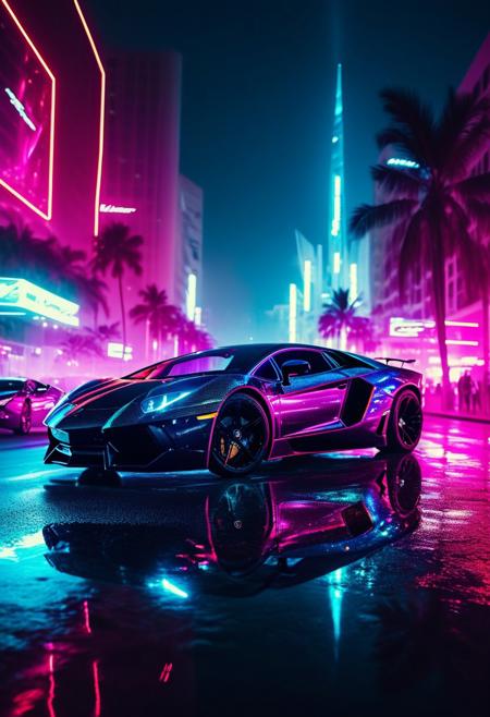 ()Hyoer Realistic:2.0) (((Cinematic Shot)))
an image of 
A futuristic South Beach, Miami, bathed in neon lights, as a Lamborghini Aventador speeds down the coastal highway. The car's sleek, angular body glows with a metallic sheen, its tires scorching the pavement. The night air is electric, filled with the hum of advanced technology and the distant thump of bass from the city's vibrant nightlife. The Aventador's 740hp engine roars to life, propelling it forward at incredible velocity, as the city's towering skyscrapers and holographic billboards blur by in a kaleidoscope of color.
