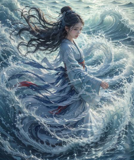 haifeisi,1girl,solo,jewelry,earrings,black hair,long hair,waves,water,floating hair,hair ornament,wide sleeves,japanese clothes,kimono,ocean,wind,hair bun,outdoors,
Best quality,masterpiece,ultra high res,<lora:20240122-1705924259525-0015:0.65>,