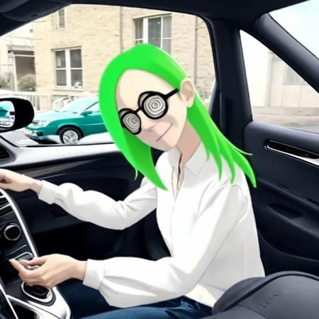 <lora:Midoriko-000400:1> real life photograph of midoriko, 1girl, solo, driving a car, swirly glasses