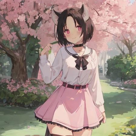 High quality! , in a park, 1 girl, girl, dark black hair, short stature, (fluffy), large animal ears in the middle of the head, pink vampire bat ears, purple eyes, bright eyes, short hair, standing, very small breasts, broad forehead, light forehead, Seton Academy uniform, no human ears, purple Serafuku, purple jacket, white shirt, wears a choker with a cross (collar), white skirt, yellow tie, looking at viewer, smile , night park blue dress (cowboy photo: 1.5), (masterpiece: 1.2), best quality, high resolution (illustration: 0.8), (beautiful detailed eyes: 1.6), perfect lighting, extremely detailed CGI (perfect hands) , perfect anatomy)