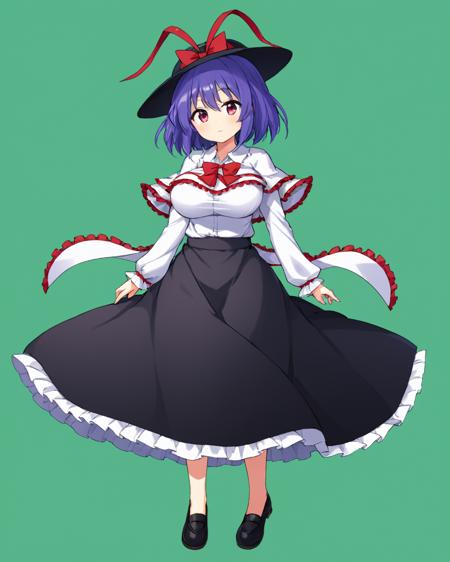 nagae iku,1girl, solo, frills, black_skirt, long_sleeves, black_headwear, capelet, large_breasts, hat_bow, white_shirt, hagoromo, full_body, red_bow, hat_ribbon, long_skirt, black_footwear, closed_mouth, red_ribbon, green_background
<lora:nagae_iku_image6214_2023-12-20-000005:1>,star-shaped_pupils,symbol-shaped_pupils,. gorgeous,key visual, vibrant, studio anime,award-winning, professional, highly detailed,high budget, cinemascope