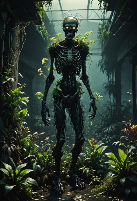 In this dark realism portrayal, a somber and atmospheric depiction of a zombie plant emerges, shrouded in deep shadows and moody tones. The artistic rendering captures the eerie essence of the undead flora, immersing the viewer in a world of mystery and gloom.