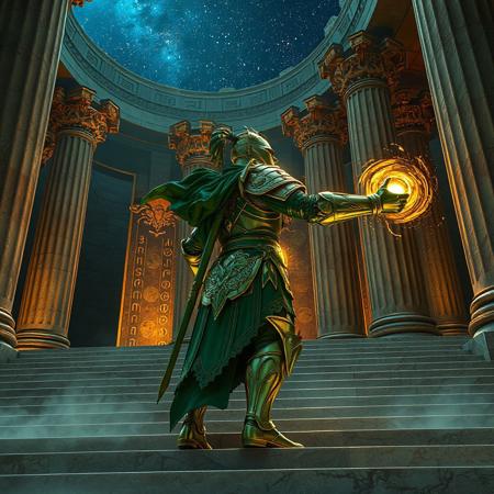 "Dynamic 3D render of a valiant green Valkyrian Knight in ornate armor, standing triumphantly on the ancient marble steps of the Temple of the Mind's Eye. The knight faces right, limbs outstretched in a combat-ready pose, swirling celestial energy emanating from their gauntlets. Head turned sharply left, eyes glowing with determination, intricate armor detailing reflecting golden light. The temple features towering pillars etched with glowing runes, mist swirling at the base, and a starry cosmos visible through shattered rooftop arches. Dramatic low-angle shot with shallow depth of field, unreal Engine 5 realism, octane render textures, and Raphael-style chiaroscuro lighting. Splash ink effects blend with holographic particles, creating a fusion of traditional and cyberpunk aesthetics. 8K resolution, hyper-detailed facial expression, ArtStation trending, golden ratio composition, vibrant emerald and gold palette with chromatic accents."