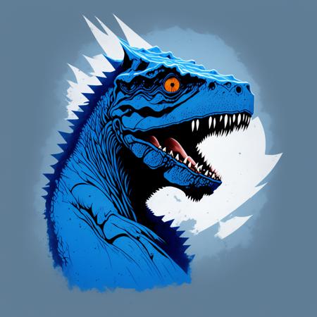 a portrait of a t-rex human (on a blue background:1.2) as a t-shirt logo in the style of <MAGIFACTORY>