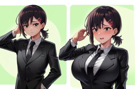 masterpiece, best quality,1girl, higashiyama kobeni,  <lora:kobeni:1>, black hair, black eyes, short hair, short ponytail, side ponytail, bangs, single sidelock, hair ornament,<lora:Breast_expansion-4_2:0.6>, (breast expansion:1.2), huge breasts, (formal:1.2), necktie,sfw