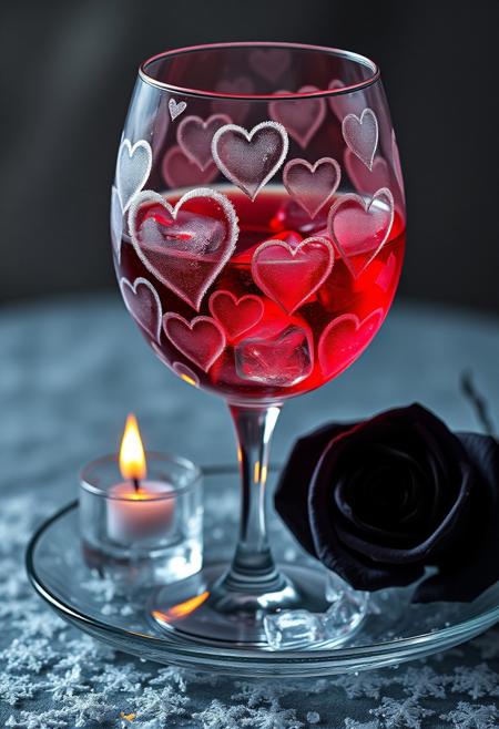 "Create a hyper-realistic image of a delicate wine glass, its surface etched with intricate frost patterns that form numerous hearts wrapping around the glass, creating a romantic and whimsical design. The glass is filled with a glowing red liquid and ice cubes that seem to glow from within. The glass is placed on a frosty glass plate, adorned with delicate ice shavings that resemble snowflakes. A lit ice candle and a mysterious black rose are positioned beside the glass, casting a warm, soft glow. The overall effect is one of luxurious, romantic elegance." Octane render, Highest-Quality, 8 k, intricate details, visually stunning, Masterpiece