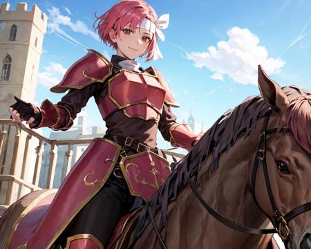 from below,light smile,<lora:cecilV3:0.85>,cecil,,(horse,riding a horse,saddle,reins:1),armor, dark pink hair,white headband,armored boots, shoulder armor,looking at viewer,fingerless gloves, pauldrons, gauntlets, breastplate,knee boots, greaves,black pants, faulds,castle gate, outdoors,(masterpiece, best quality, ultra-detailed, best shadow)