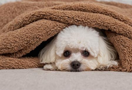 A small, 
fluffy Bichon Frise dog, 
poking its nose out from under a cozy, 
soft brown blanket. Its round eyes are curious and friendly, 
and the blanket covers its body, 
leaving only its face visible. The dog lies on a fuzzy biege blanket, 
giving the setting a cozy, 
homey feel. photorealism. high sharpness. high detail. a high resolution. 4K. 200mm 1.4f shot