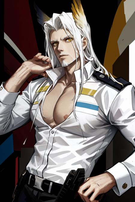 1male,helage,white shirt,<lora:helage:1>,masterpiece,best quality,police_uniform,