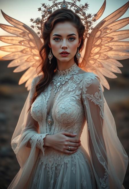 Ethereal fantasy concept art of a celestial female wearing a dress designed by Alexander McQueen with design elements including delicate lace, flowing chiffon materials, soft focus photography, golden hour lighting, photographed with Canon EOS 5D Mark IV 75mm f/2.8 by Ansel Adams, color tint Neutral Gray, ultra-detailed. Magnificent, celestial, ethereal, painterly, epic, majestic, magical, fantasy art, cover art, dreamy.