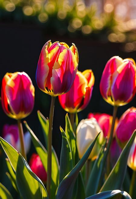 macro photo, close-up, masterpiece, 4k, ray tracing, intricate details, highly detailed, hyper realistic, 8k RAW editorial photo.
red, pink, yellow, blue, white tulips,lit by the sun, dramatic light, shallow depth of field,