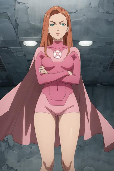 solo, 1girl, evedef, pink bodysuit, cape, superhero, medium breasts, cowboy shot, bare legs, looking at viewer, crossed arms