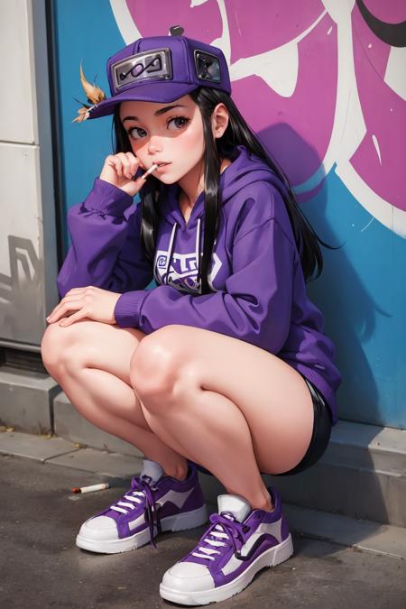 masterpiece, best quality,  <lora:cassettegirl-nvwls-v1-000009:0.9> cassettegirl, hat, purple hoodie, short shorts, sneakers, cityscape, graffiti, squatting, from above, looking at viewer, happy, cigarette in mouth, smoke