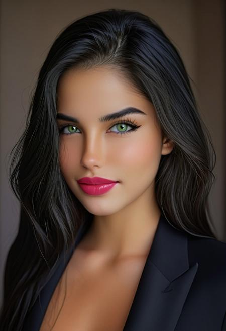 photorealistic, epic realism, (masterpiece), (Realistic photo), (High quality), (RAW photo 8k), (upper body), (Photography by Steve McCurry), incredibly absurdres, young, supermodel, 1girl, solo, ((upper body, portrait, looking at the viewer)), (outline defined full lips:1.4), (green/hazel eyes), perfect symmetrical eyes, long eyelashes, wearing a black modern designer (suit:1.4), (highly detailed, intricate), ((black hair:1.4), modern hairstyle, hair intakes, detailed long hair, (healthy hair, silky hair, voluminous hair)), ((natural, eyeliner, pink lipstick, seductive smiling expression, closed mouth, closed lips, highly detailed face)), (exceptional Detail Clarity, dynamic angle, DSLR, hyper-detailed), (fine details, sharp focus, depth of field).