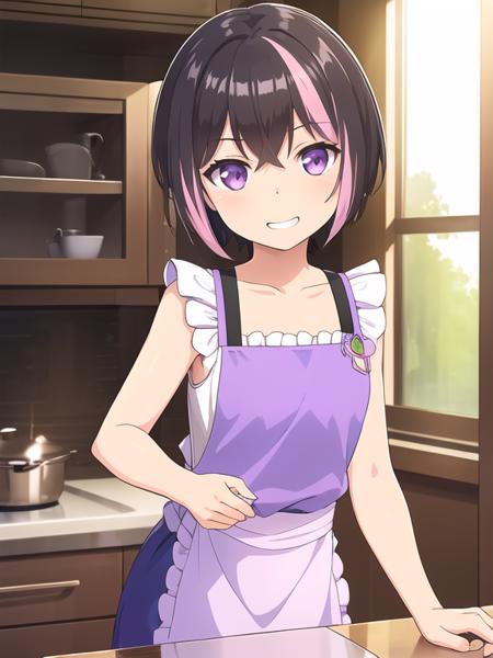 best quality, (masterpiece:1.2), highly detailed, (masterpiece), (illustration),
kitchen, indoor,
standing, (face focus:1.2), face, upper body,
nuke apron, sleeveless, frills, collarbone,
1girl, solo, short hair, purple eyes, multicolored hair, black hair, sparkle, glint, streaked hair, lens flare, small breasts,
shy, blush, (looking at viewer), grin,
<lora:Riku:0.7>