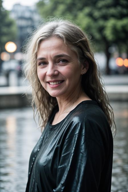 cinematic photo elderly happy smiling hippie woman in rain, (wet  very long  messy hair:1.3), sweat stains, paris street,  simple background     . 35mm photograph, film, bokeh, professional, 4k, highly detailed