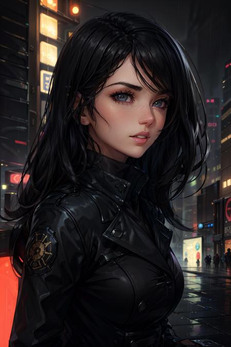 portrait, head shot, face focus, looking at viewer, eye contact, 
emilygreyodd, 1girl, black hair, long hair,  parted lips, makeup, 
trenchcoat, upturned collar, 
raining, dystopia city, night time, neon lights, 
depth of field, blurred background, detailed eyes, warm volumetric lighting, masterpiece, best quality
<lora:emilygrey-v1-05:0.7>