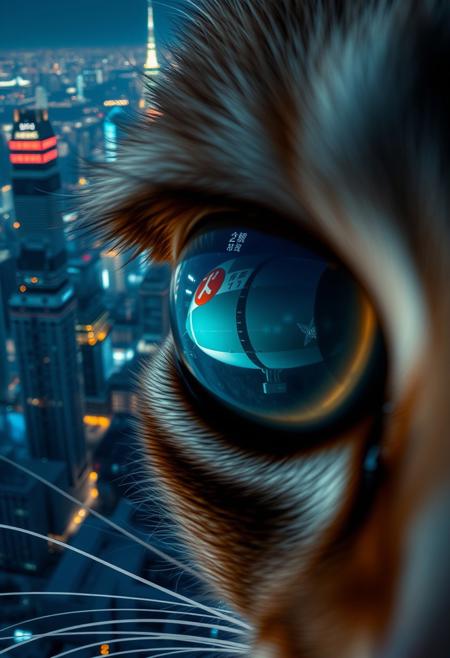 extreme close up portrait of a cat's eye reflecting the a futuristic Tokyo skyline at night from a very high level, the skyline is with futuristic skyscrapers and futuristic transports and futuristic aircraft and spaceships in a variety shapes and sizes, the airships covered with lights and advertisements in Japanese,  reflecting in the cat's eye is a huge airship that has an advertisement with a Japanese cat on the side, the cat's eye has takes up 85% of the image