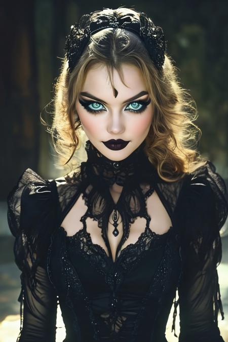 ArsMovieStill, Gothic Dark Fantasy movie still, masterpiece:1.4, extremely pretty:1.3, (best quality, clear picture:1.3), 1girl, an extremely pretty 20-year-old English gothic girl, long hair, green eyes, dressed in black elegant clothing, suggestive pose, full body shot, from head to toe, (perfect eyes, symmetric eyes, open eyes:1.3), looking at the camera, delicate skin, delicate facial features, upturned nose, delicate nose, extremely pretty face, goth makeup, smiling, pretty mouth, delicate lips, closed mouth, 4k, intricate detail, semirealistic, gorgeous lighting:1.25