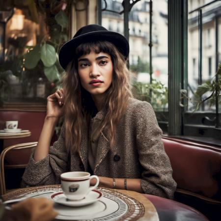 <lora:sofiaboutella_sdxl_lora_256_bf16_19:1> sofiaboutella, a beautiful woman in a paris cafe, wearing vintage clothing, moody, vines, organic, modern,