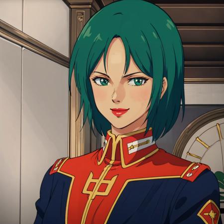 masterpiece,high quality,solo,indoors,
<lora:jeridandmouar001:0.7>,looking at viewer,smile,
mouarpharaoh,1woman,
short hair,green hair,green eyes,lipstick,
jacket,military uniform,long sleeves,