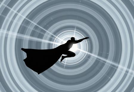 A chrome and silver beam hitting an athletic superhero  100 metres away. The beam is about 1 metre thick and surrounded by multiple concentric grey and white circles of varying diameter. The target is silhouetted and is in an action hero acrobatic pose