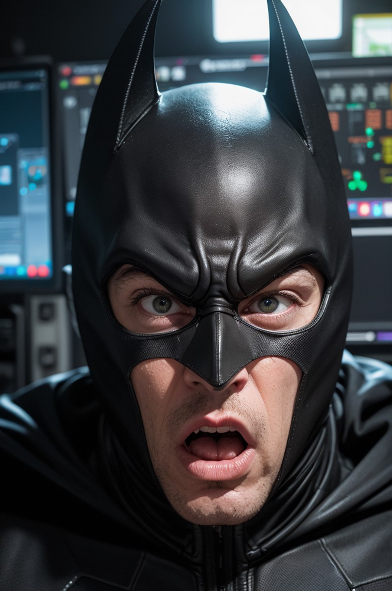 Close-up of a shocked Batman wearing his Batman mask and a menacing expression at a dark cave, (computers:1.1), (eniac:1.1...