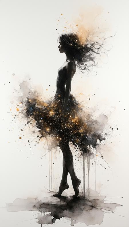 Ink art, watercolor painting, charcoal shadows: As the words "whymsicalmasterpiece" are thrown forward, this is an intricate masterpiece. At that end of its world, where everything comes alive, it appears to be lost in thought by its mysterious aura. The title "the heart-felt dancer" are enigmatic. Instead of standing on top, she has long and shimmering brown furry with sparkles of pure energy. Focus: knowing eyes, female features, girl at center. Atmosphere of nostalgic tenderness, quiet contemplation; hints of baking spices, a hint of steam.