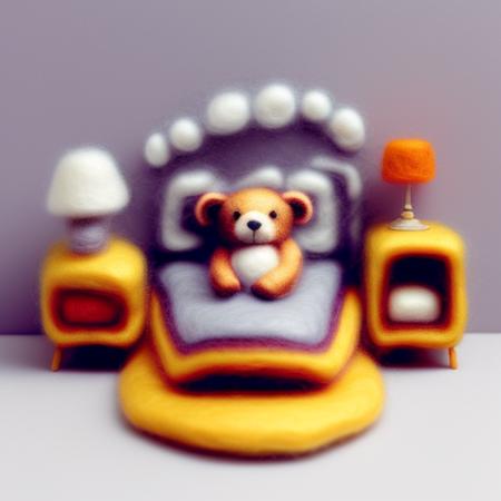 miniwool style of a A teddy bear in his bed, in his bedroom, isometric view