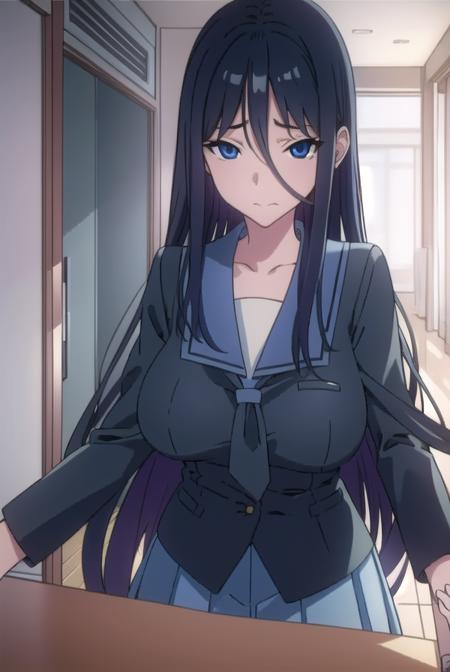 misasuzuhara, <lora:misasuzuharatest:1>, 
misa suzuhara, long hair, black hair, very long hair, (large breast:1.2), (hair between eyes:1.5)
BREAK skirt, school uniform, pleated skirt, serafuku, socks,
BREAK looking at viewer, 
BREAK indoors, classroom, 
BREAK <lora:GoodHands-vanilla:1>, (masterpiece:1.2), best quality, high resolution, unity 8k wallpaper, (illustration:0.8), (beautiful detailed eyes:1.6), extremely detailed face, perfect lighting, extremely detailed CG, (perfect hands, perfect anatomy),