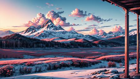 ((masterpiece:1.4,best quality)), cloud,  outdoors
(mountains), spring glade, scenery, sky, winter,
(early morning:1.4),morning red, high detail, abundant, 8k, high detail, wallpaper,
<lora:more_details:1.5>, <lora:geometric_shapes:1>