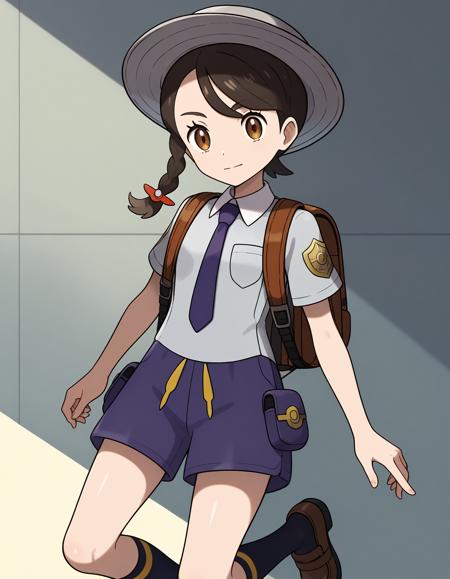 aoi, juliana \(pokemon\), single braid, brown eyes, ahoge naranja academy school uniform, orange necktie, orange shorts, white socks, black shoes, black backpack blue sunhat