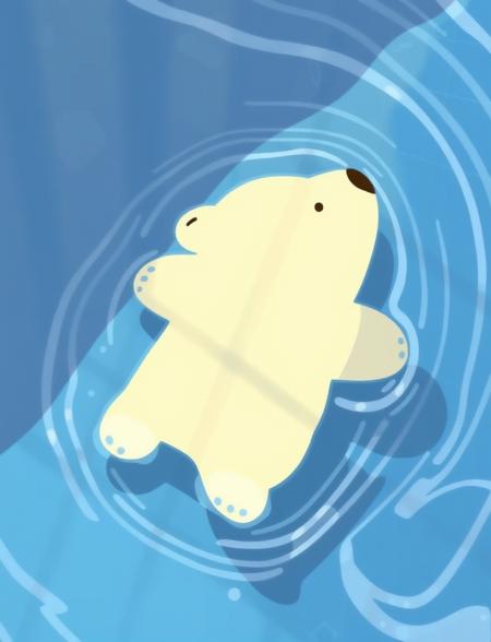 In a colorful illustration, a cute chibi polar bear is swimming in the water, in the sunlight, beautiful light and shadow of the waves

