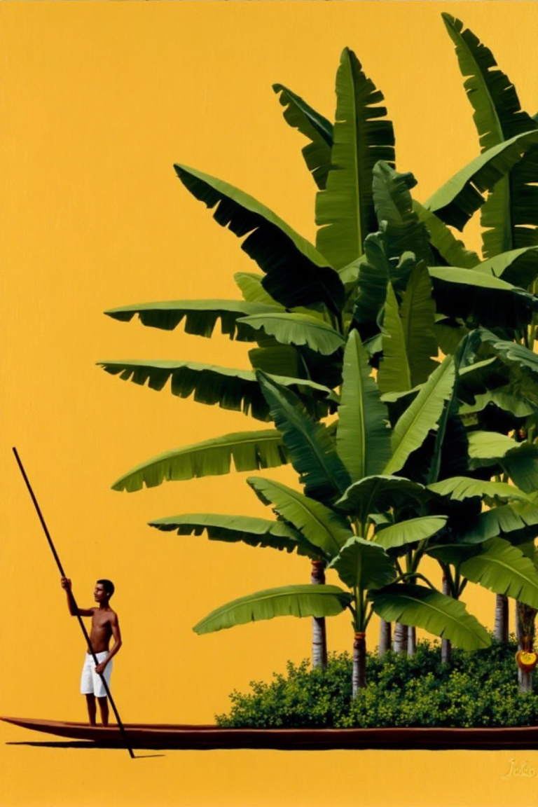 A shirtless man wearing white shorts standing on a narrow wooden canoe, holding a long pole for navigation while moving across calm water. The boat is filled with multiple tall banana plants with large green fronds, accompanied by smaller vegetation at their base, set against a golden yellow background. 